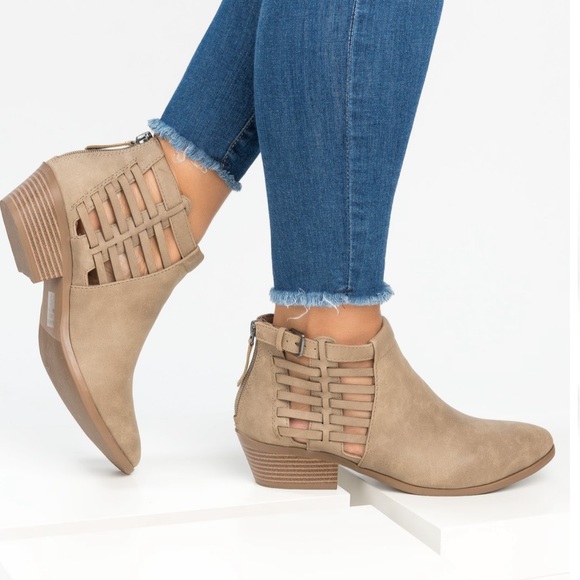 Chic Taupe Cutout Sides Low Heel Ankle Booties - Picture 5 of 8
